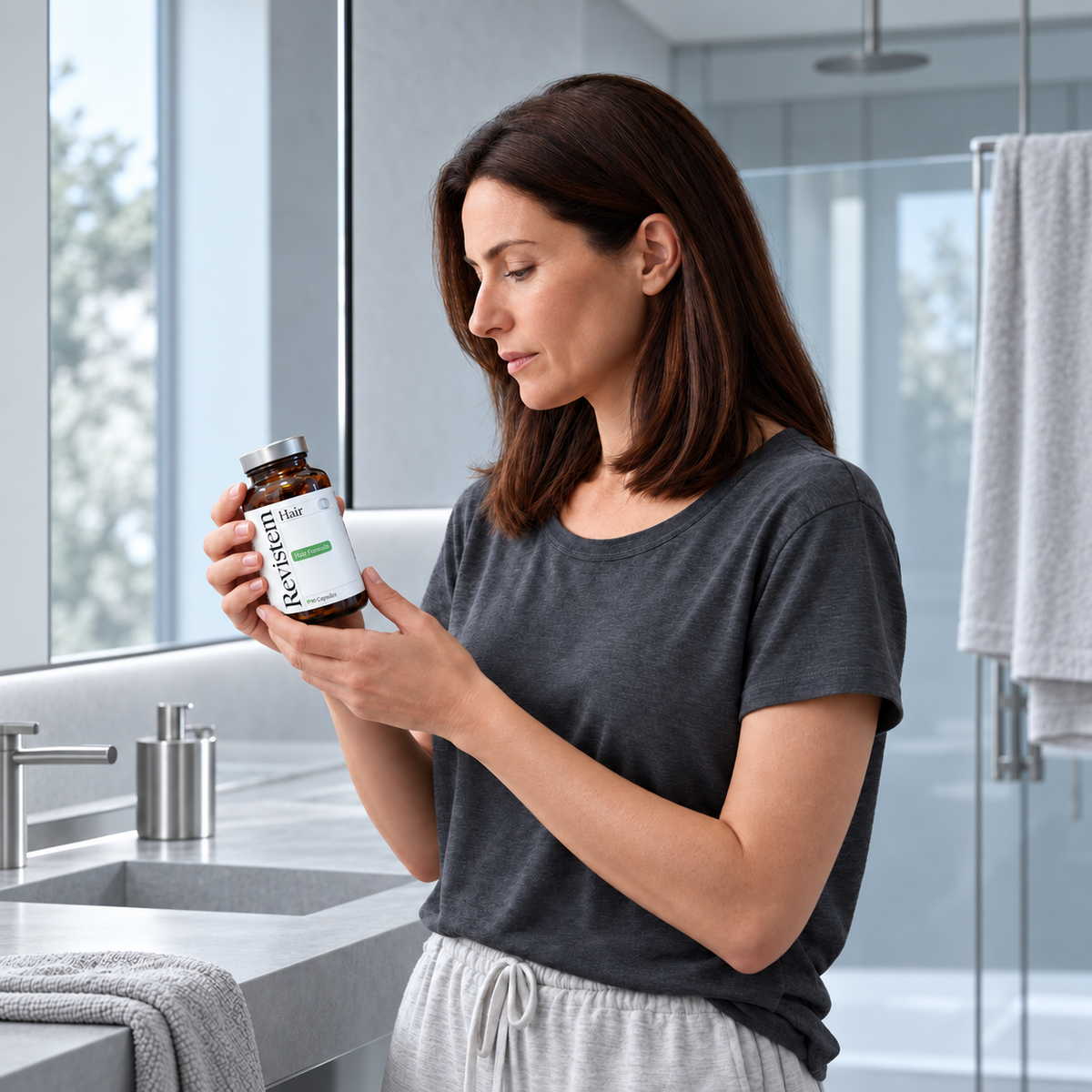 Mujer leyendo la etiqueta de Revistem Hair en el baño